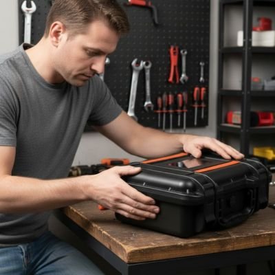 Homme assis devant établi deux mains posées sur boite à outils fermée