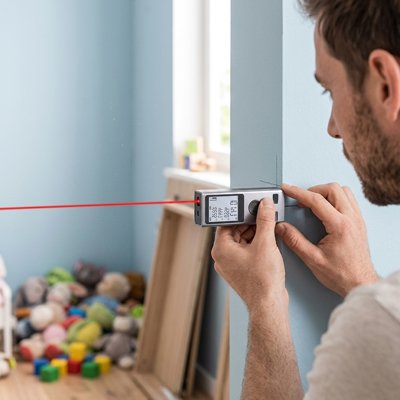 Homme utilise télémÚtre laser numérique compact mesure entre deux murs piÚce lumineuse