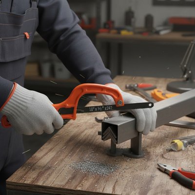 Atelier mains homme gants scie a métaux coupant barre metal carre
