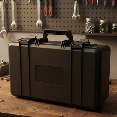 Boite à outils fermée posée debout établi atelier