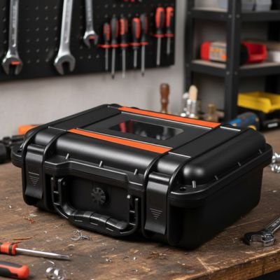 Boite à outils fermée posée sur établi clés et tournevis au mur