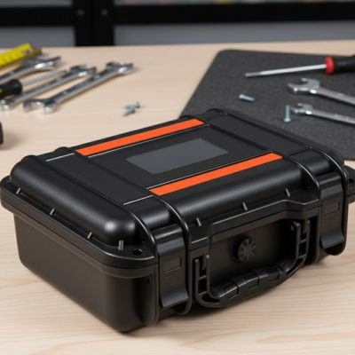 Boite a outils fermée posée sur table entourée de clés et tournevis