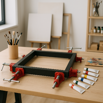Cadre noir séchage tenu par pinces étaux atelier peinture