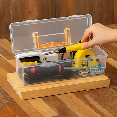 Caisse ouverte remplie outils main sortant tournevis noir jaune