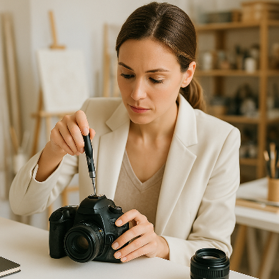Femme brune tournevis tailleur blanc appareil photo professionnel atelier