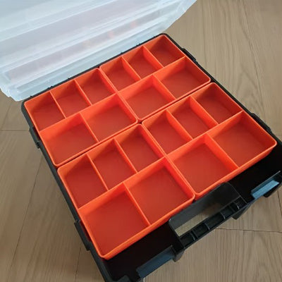 Grande boite a outils vide ouverte noire orange blanc translucide