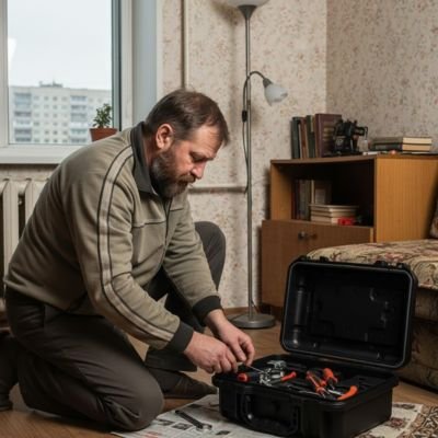 Homme à genoux cherchant outils dans boite à outils au sol chambre