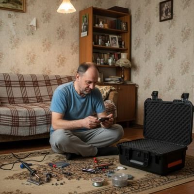 Homme-assis-en-tailleur-sol-devant-canape-mallette-ouverte