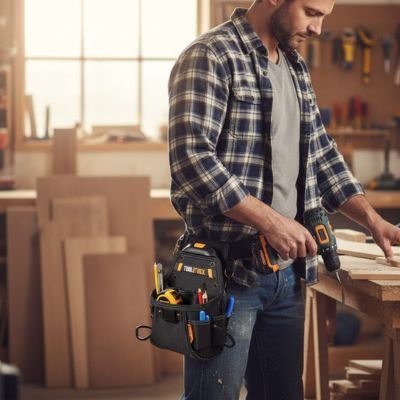 Homme barbu atelier travail bois sac a outils accroche ceinture taille