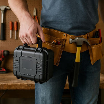 Homme-ceinture-outils-marteau-petite-boite-noir-portée