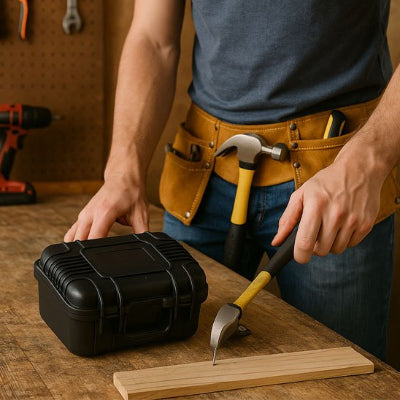 Homme ceinture outils marteau petite boite noire posée établi