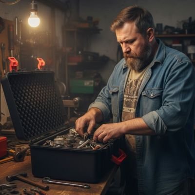 Homme dans atelier mains dans boite ouvert remplie