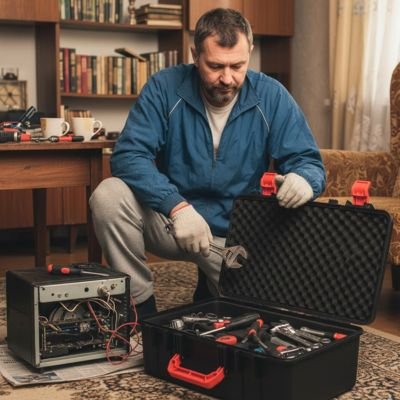 Homme dans salon ancien accroupi devant boite à outils remplie