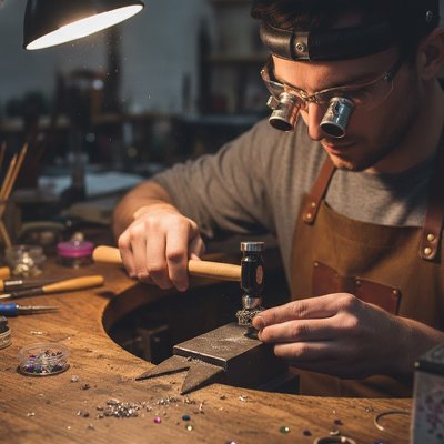 Homme lunettes loupes travaille avec marteau sur fer dans atelier