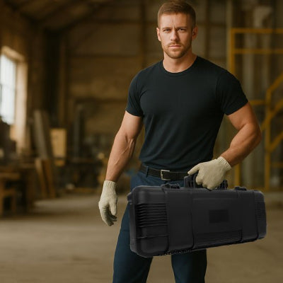 Homme muscle marchant atelier boite à outils porte main