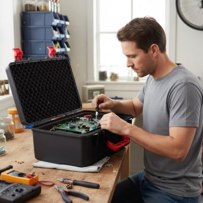 Jeune homme assis devant établi mains dans boite remplie