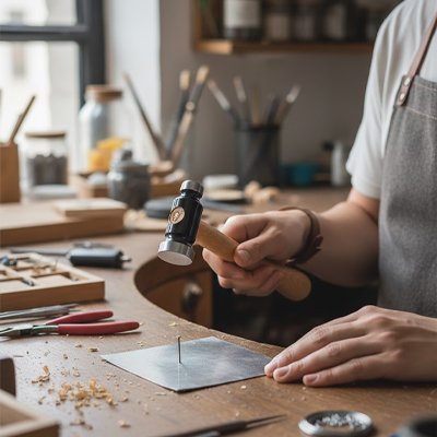 Main femme frappe avec marteau clou dans carré metal