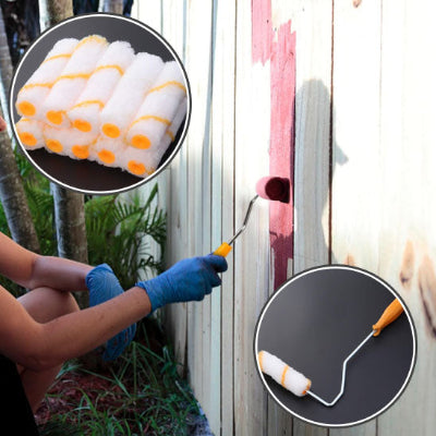 Mains gants bleus peint avec mini rouleaux palissade