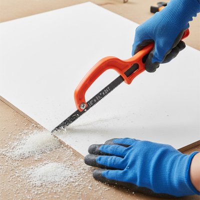 Mains gants chantier bleu scie coupant plaque platre