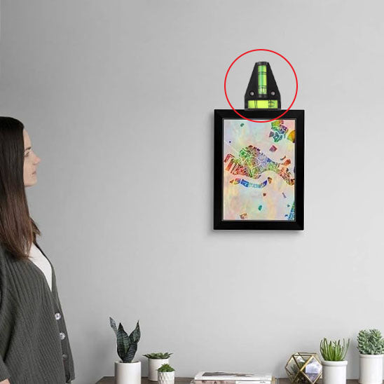 Niveau triangulaire cadre noir au mur petits pots plantes verte  
