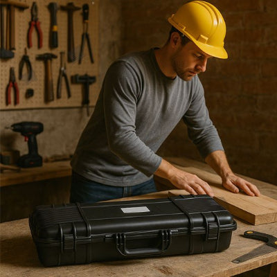 Ouvrier casque jaune dans atelier planche boite à outils sur établi