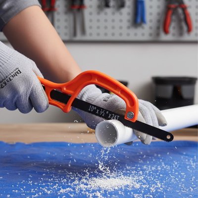 Scie a métaux coupant tuyau PVC poussière blanche support bleu