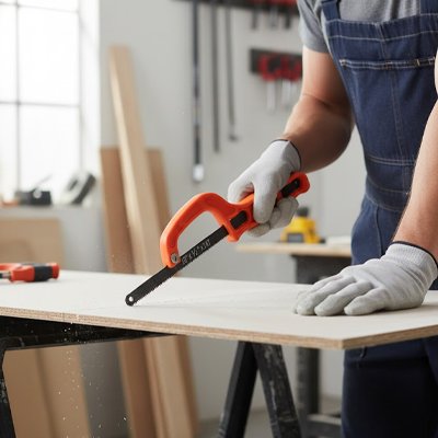 Scie a métaux planche bois sur tréteaux main gants