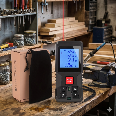 Télémètre laser professionnel sur établi bois dans atelier avec ses accessoires.