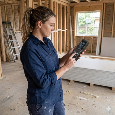 Femme sur chantier utilisant un télémètre laser noir parmi structures bois.