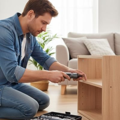 Homme a genoux dans salon utilise tournevis électrique montage petit meuble bois