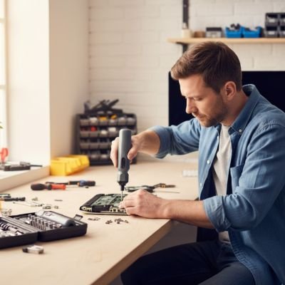 Homme assis atelier utilise tournevis électrique sur ordinateur
