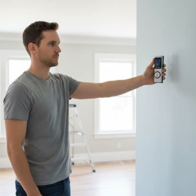 Homme mesurant la distance d'un mur blanc avec un télémètre laser compact