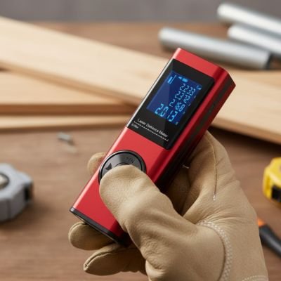 Main avec gant de protection tenant un télémètre laser rouge de profil