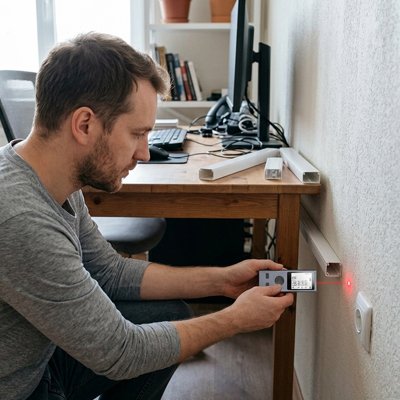 Homme barbu mesure précisément l'emplacement goulotte électrique avec telemetre laser