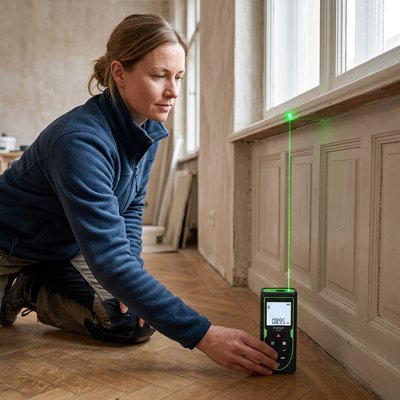 femme agenouillée sur parquet ancien utilise télémètre laser vertical mesurer hauteur sous fenêtre.