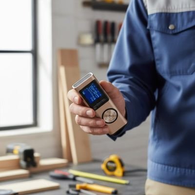 Utilisateur présentant télémètre laser couleur or dans environnement d'atelier