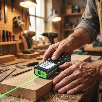 Gros plan sur mains d'un artisan menuisier utilisant télémètre laser vert sur établi dans atelier.