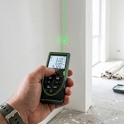 main homme utilise télémètre laser faisceau vert mesure mur  rénovation
